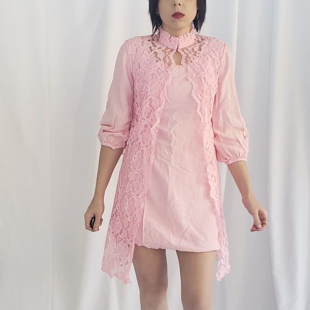 60 Pink Mod Minidress with Lace Vest